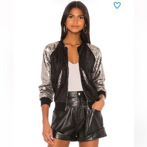 Superdown Barb Bomber Jacket Sequins Black and Silver Zip Up